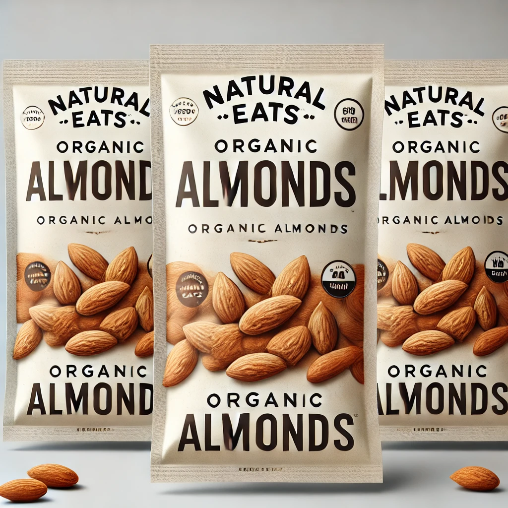 DALL·E 2024-08-22 20.43.50 - A set of almond packets featuring the 'Natural Eats' logo prominently on the packaging. The design is clean and organic, showcasing almonds on the fro