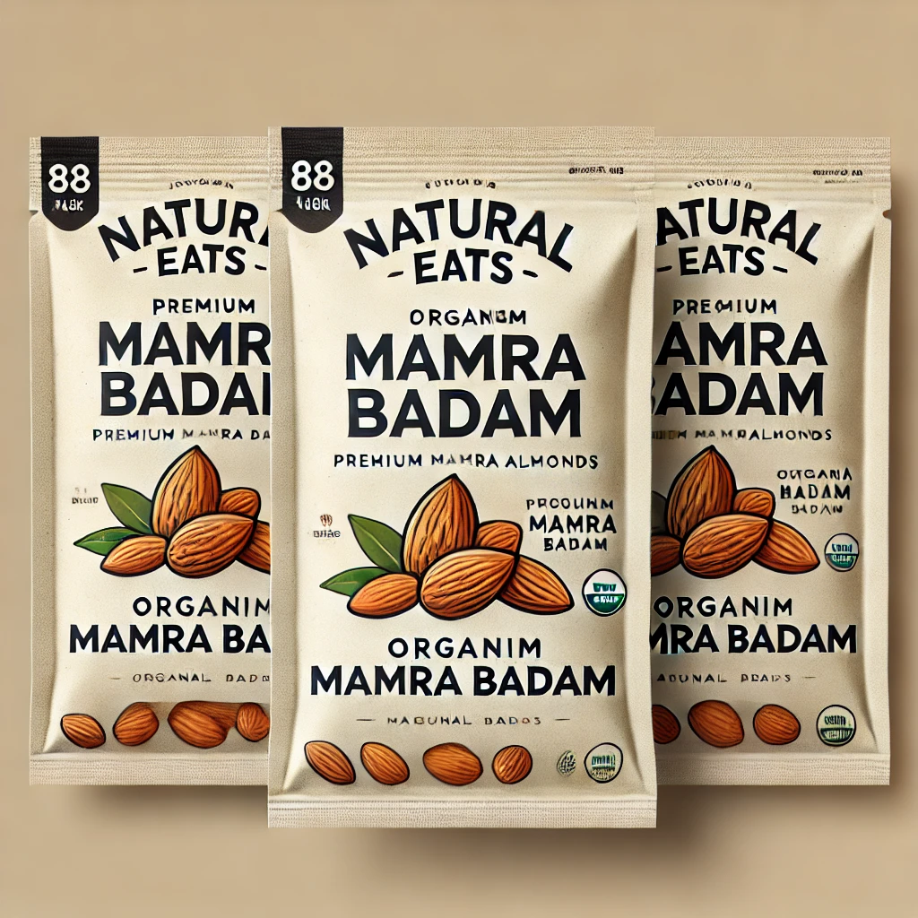 DALL·E 2024-08-22 20.47.09 - A set of Almond Mamra Badam packets featuring the 'Natural Eats' logo prominently on the packaging. The design is clean and organic, showcasing premiu