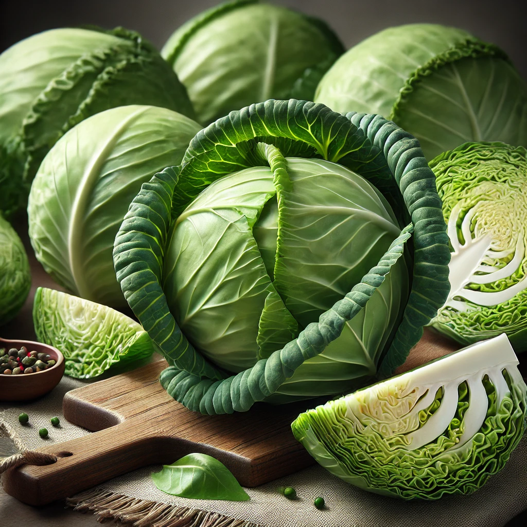 DALL·E 2024-08-23 14.19.17 - A fresh image of cabbage, showcasing its vibrant green leaves and round, tightly packed structure. Some cabbages are whole, while others are sliced to