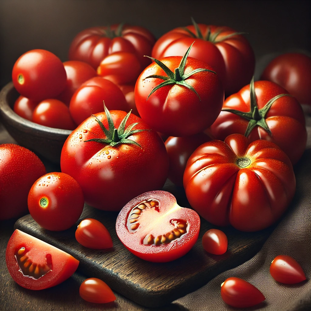 DALL·E 2024-08-23 14.40.38 - An image of desi tomatoes, showcasing their deep red color and juicy texture. Some tomatoes are whole, while others are sliced open to reveal the rich